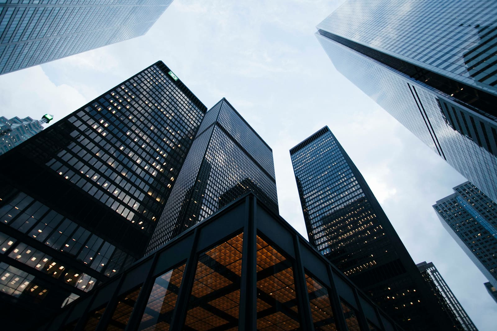 Downtown high-rise office towers viewed from street level